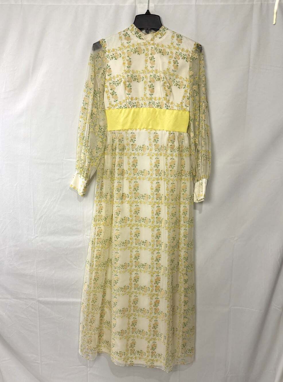 VTG 70s Yellow Floral Maxi Hippie Dress Bow Back Peasant No Size
